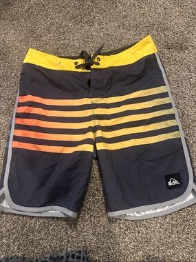 Quiksilver Navy Boardshorts with Yellow Waistband and Sunset Stripe